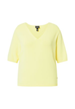 Lysegul V-hals sweater med korte ærmer og ribbet kant, vist på en hvid baggrund.