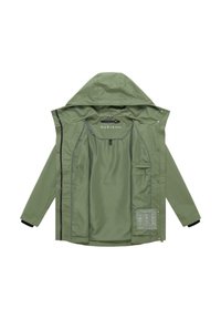 Roheline kapuutsiga jope laotatult, avatud, näidates siledat sisevoodrit, kus on luku-tasku ja krae sees õmmeldud silt.