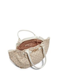 Beige-mustriga kott valgete aktsentidega ja käepidemega; sisaldab lukustatavat siserikka ja pehmet, tekstuuriga vooderit.