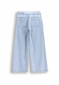 Jasnoniebieskie dżinsowe spodnie o szerokich nogawkach i luźnym kroju, z elastycznym pasem, dwoma tylnymi kieszeniami i gładką teksturą.