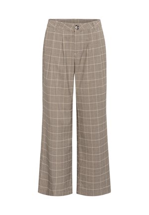 Pantalons large en tartan marron avec une taille haute, un devant plissé et une fermeture à un bouton. Fabriqués en tissu texturé.