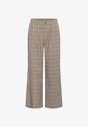 Brūnas skotu raksta platas kājas bikses ar augstu jostasvietu, ar plisiem priekšpusē un vienu pogu aizdari. Izgatavotas no teksturēta auduma.