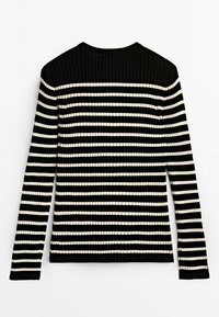 Zwart-witte gestreepte trui met een ribbelstructuur en lange mouwen. Heeft een ronde halslijn en een aansluitende pasvorm.