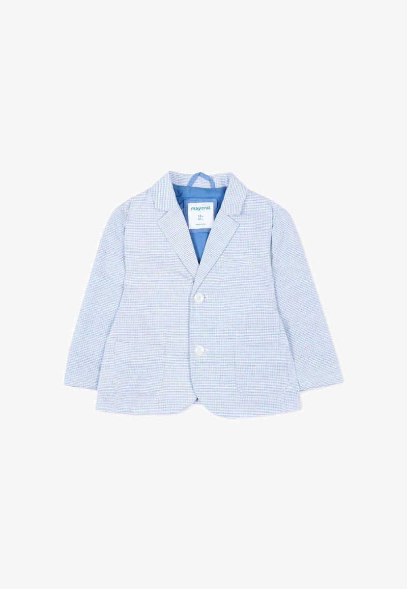 Lichtblauw peuterblazer met subtiel ruitpatroon, twee witte knopen, inkeping revers en steekzakken aan de voorkant.