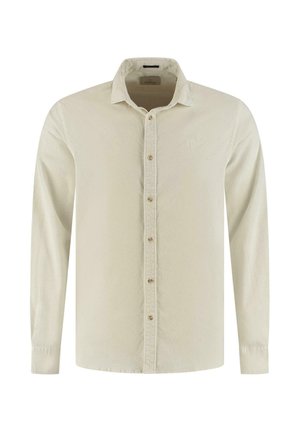 Camicia a maniche lunghe in cotone beige con colletto a bottoni. Presenta una superficie testurizzata e un piccolo logo ricamato sul petto.