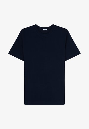 T-shirt en coton bleu marine avec un col rond, des manches courtes et une coupe décontractée. Texture lisse, sans motifs ni logos visibles.