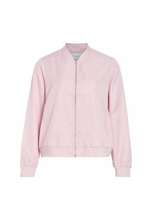 Világos rózsaszín női bomber dzseki elöl cipzárral, bordázott gallérral, mandzsettával és szegéllyel, valamint oldalzsebekkel.