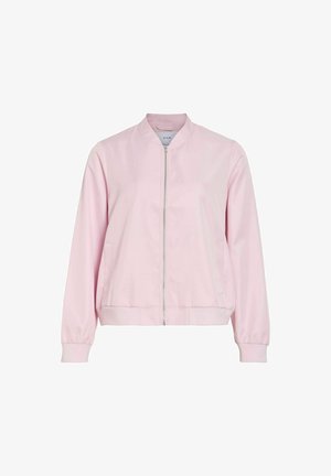 Giacca bomber rosa chiaro da donna con zip frontale, collo, polsini e orlo a coste e tasche laterali.