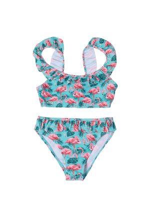 Two-piece turquoise swimsuit with ruffled straps and waistband, featuring pink flamingo and green leaf patterns.
