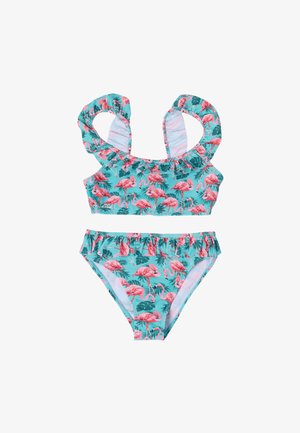 To-delt turkis badedragt med flæser på stropper og taljebånd, med pink flamingo- og grønne bladmønstre.