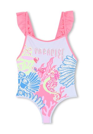 Maillot de bain une pièce pour filles avec bretelles à volants roses, motifs colorés de corail, hippocampe, coquillage, et texte pailleté "PARADISE" sur le devant.