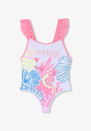 Piges badedragt med rosa flæsebesatte stropper, farverige koraller, søheste, skaller og teksten "PARADISE" i palietter på fronten.