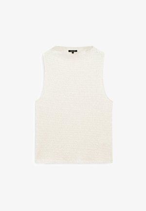 Haut sans manches blanc avec un motif texturé et ondulé. Encolure ronde, coupe décontractée et sans matériel ou accent visible. Tissu doux.