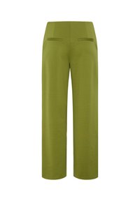 Pantalon large vert olive à taille haute avec deux poches arrière horizontales, présenté sur fond blanc.