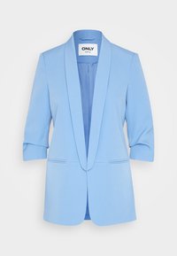 Light blue tailored blazer with three-quarter sleeves, shawl collar, and two front slit pockets, labeled "ONLY tailoring."