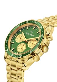 Gouden roestvrijstalen horloge met een groene wijzerplaat, gouden sub-dials en een groene bezel. Beschikt over een schakelarmband en chronograaffunctie.