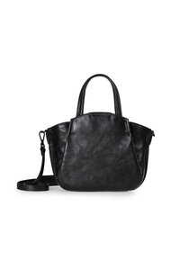 Borsa a tracolla nera in pelle con doppi manici superiori, tracolla staccabile e forma strutturata. Texture liscia con una leggera lucentezza.