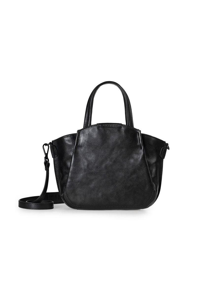 Borsa a tracolla nera in pelle con doppi manici superiori, tracolla staccabile e forma strutturata. Texture liscia con una leggera lucentezza.