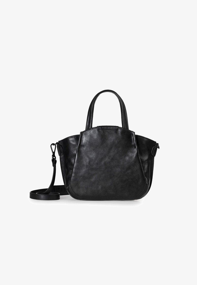 Borsa a tracolla nera in pelle con doppi manici superiori, tracolla staccabile e forma strutturata. Texture liscia con una leggera lucentezza.