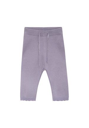 Lila gestrickte Hose aus weichem Material, mit einem gerippten Bund, Kordelzug und gewellten Säumen an den Bündchen.