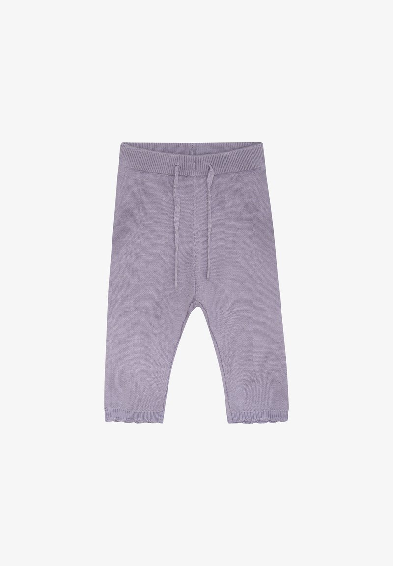 Lila gebreide broek met een zachte textuur, voorzien van een geribde tailleband, trekkoord en golvende zomen aan de manchetten.
