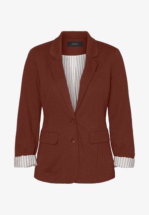 Rostfarbener Blazer mit Reverskragen, Fronttaschen und gestreiften Bündchen. Aus weichem Stoff gefertigt, mit einem einzigen Knopfverschluss.