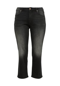 Zwarte denim cropped jeans met een vervaagd effect, voorzien van een rechte pijp, vijf zakken en subtiele roze hardware-accenten.