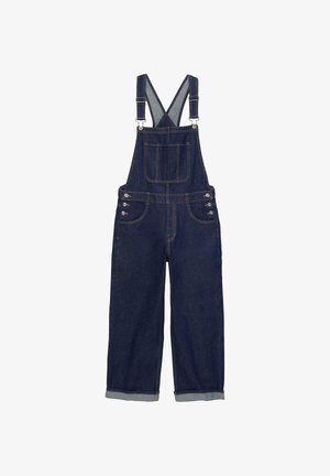 Temno modri denim kombinezon z nastavljivimi prekrižanimi naramnicami, žepom na prsih spredaj, stranskimi gumbi, širokimi hlačnicami in zavihki na koncih.