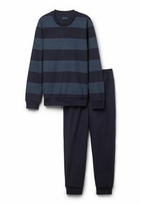 Marineblaues Schlafanzugset mit einem Langarmhemd mit horizontalen Streifen und passender Hose mit elastischem Bund und engmaschigen Bündchen.