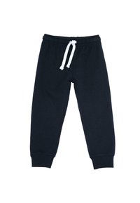 Marineblauwe sweatpants gemaakt van zachte katoen, met een elastische tailleband en een witte trekkoord, taps toelopende boorden en een gladde textuur.