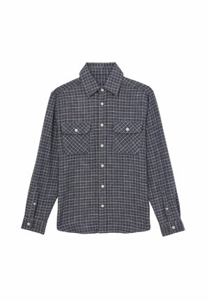 Camicia a quadri in blu navy con motivo a griglia bianca e azzurro chiaro, maniche lunghe, due tasche sul petto e chiusura con bottoni sul davanti.