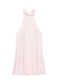 Robe rose clair sans manches avec un col montant et un détail de nœud dans le dos, silhouette évasée en A.