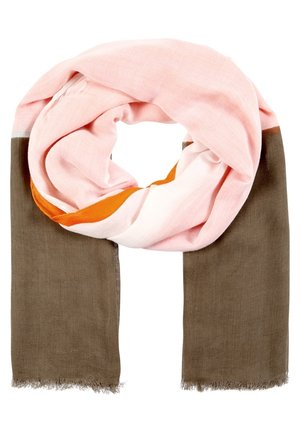 Écharpe avec de larges sections verticales en rose doux, orange, blanc et vert olive, avec une texture tissée douce et des bords effilochés.