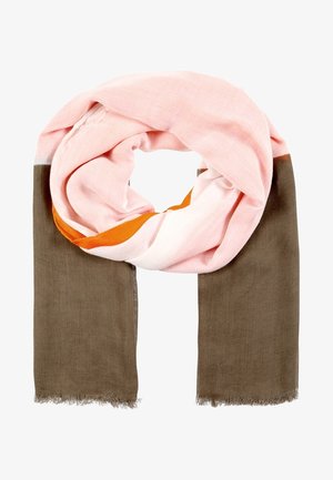 Écharpe avec de larges sections verticales en rose doux, orange, blanc et vert olive, avec une texture tissée douce et des bords effilochés.