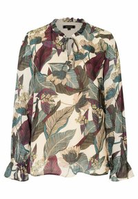 Blouse à manches longues en tissu léger avec un motif floral. Dotée d'un décolleté et de poignets volantés, principalement en teal, bordeaux et crème.
