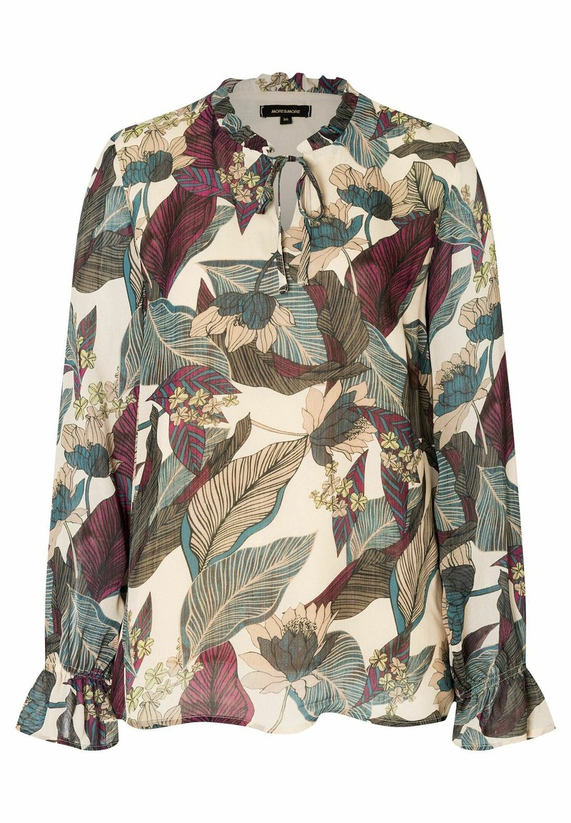 Blouse à manches longues en tissu léger avec un motif floral. Dotée d'un décolleté et de poignets volantés, principalement en teal, bordeaux et crème.