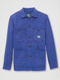 Blue striped jacket with a collared neckline, button closure, two front pockets, and a logo label on the left chest pocket.