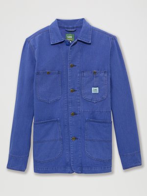 Blue striped jacket with a collared neckline, button closure, two front pockets, and a logo label on the left chest pocket.