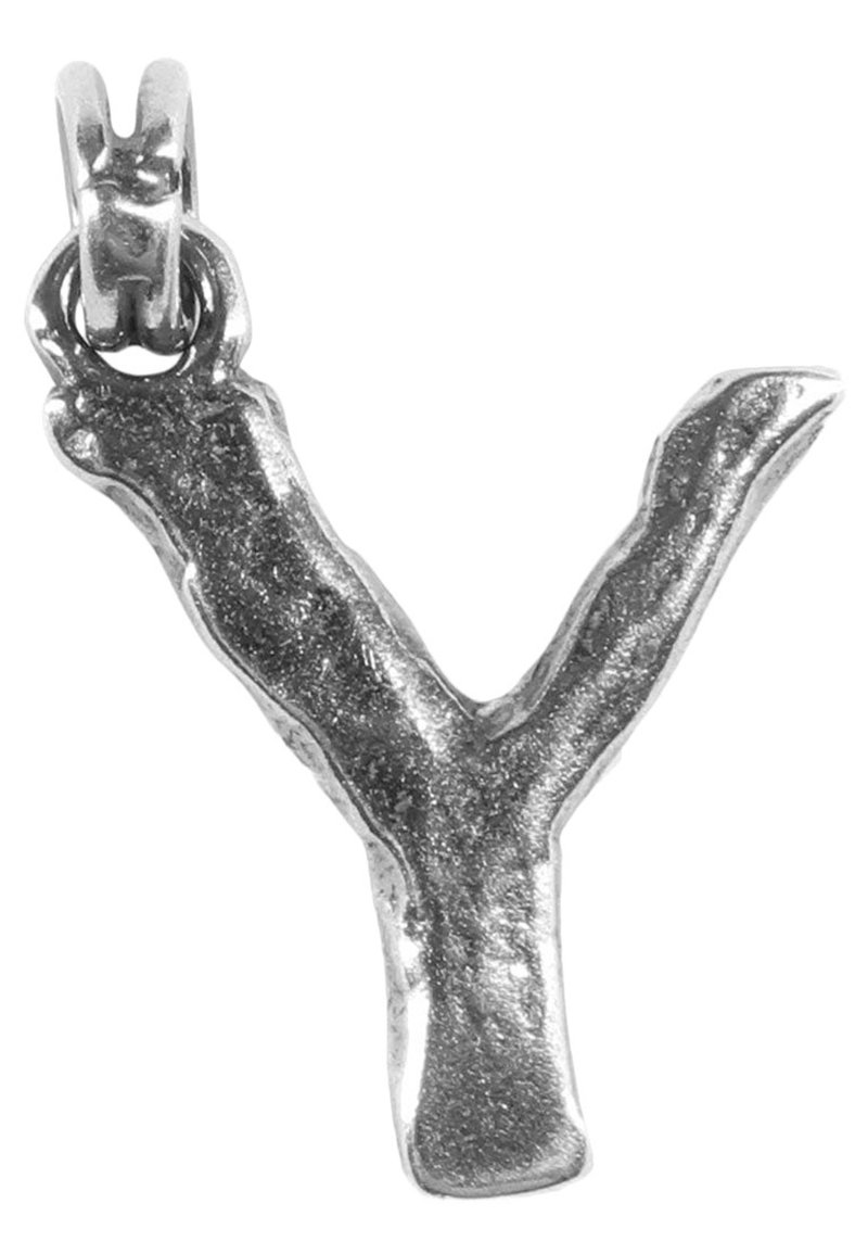 Silver Y-formad hänge med en strukturerad yta och en slinga upptill för fäste. Har en naturalistisk, oregelbunden design.