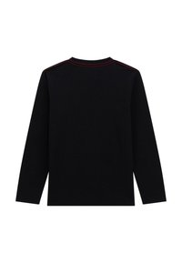 Zwarte longsleeve shirt gemaakt van zachte katoen, met een ronde halslijn en rode stiksels langs de schouders.