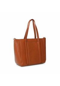 Borsa a tracolla in pelle marrone con due manici, forma strutturata e dettagli a cucitura verticale. Texture liscia e chiusura con zip nella parte superiore.