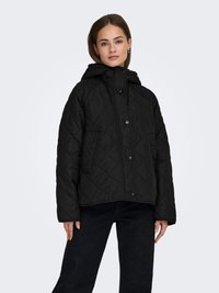 Quilted black puffer jacket with a hood, featuring snap buttons, side pockets, and a slightly cropped hem. Smooth texture and fitted design.