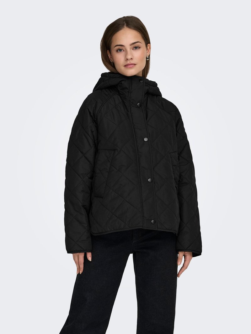 Quilted black puffer jacket with a hood, featuring snap buttons, side pockets, and a slightly cropped hem. Smooth texture and fitted design.