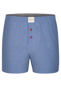Boxer leggeri blu chiaro realizzati in tessuto morbido, con tre bottoni rossi sul davanti e una cintura grigia con l'etichetta del marchio.