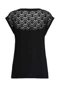 Svart t-shirt med ett genomskinligt mönstrat övre ryggparti. Har rundad halsringning och korta ärmar. Slät textur, lättviktig tyg.