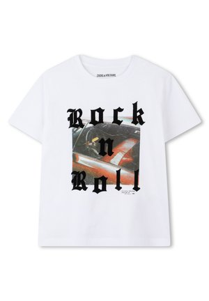 T-shirt en coton blanc présentant un design graphique avec le texte "Rock n Roll" en lettres noires en gras et une image d'une voiture vintage colorée.