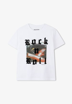 Witte katoenen t-shirt met een grafisch ontwerp met de tekst "Rock n Roll" in vetgedrukte zwarte letters en een kleurrijke vintage auto afbeelding.