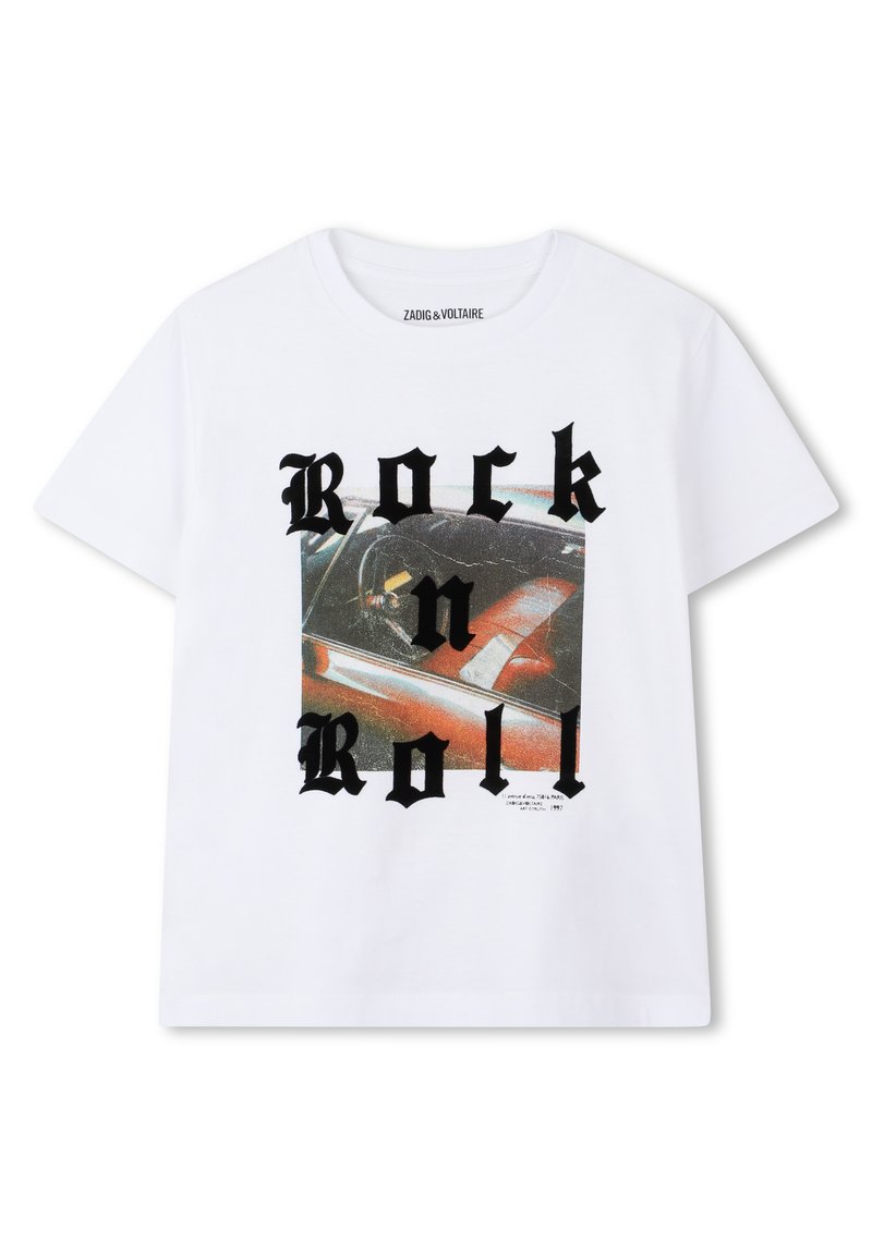 Witte katoenen t-shirt met een grafisch ontwerp met de tekst "Rock n Roll" in vetgedrukte zwarte letters en een kleurrijke vintage auto afbeelding.