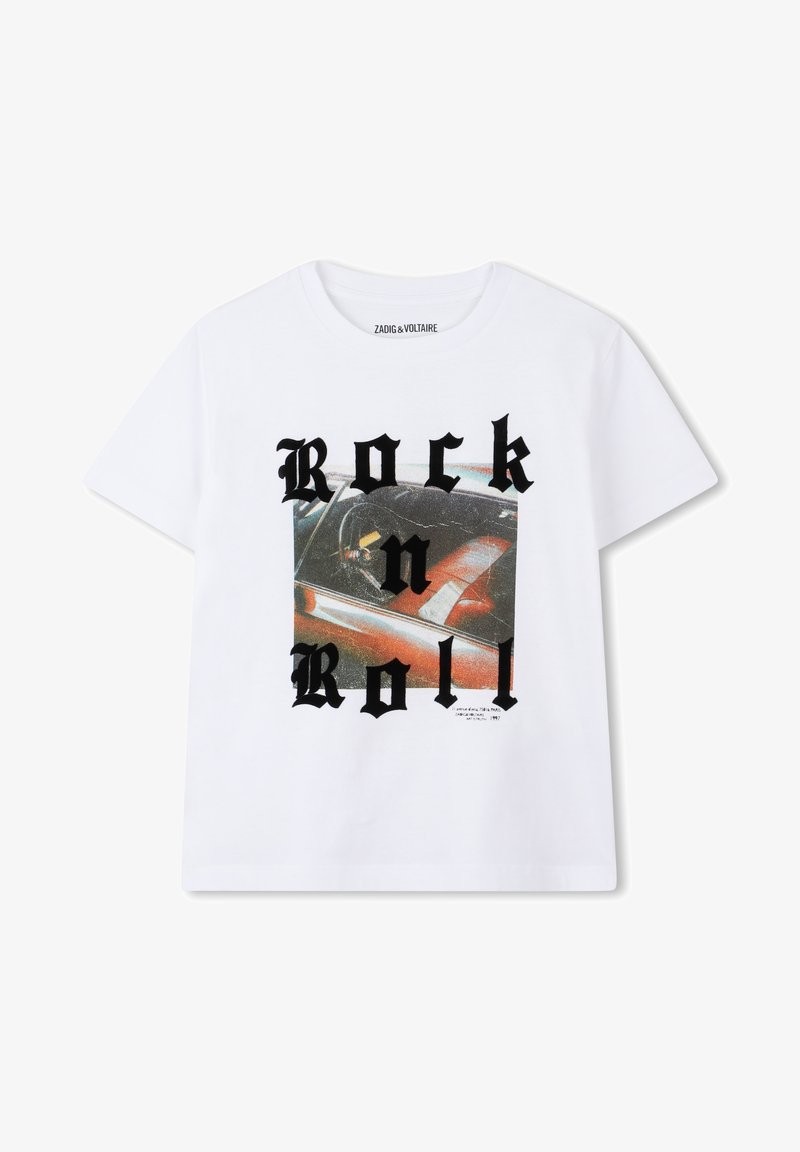 Witte katoenen t-shirt met een grafisch ontwerp met de tekst "Rock n Roll" in vetgedrukte zwarte letters en een kleurrijke vintage auto afbeelding.