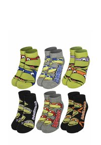 Six pairs of cotton socks with colorful cartoon turtle designs. Feature various background colors: green, gray, and black. Names included.
